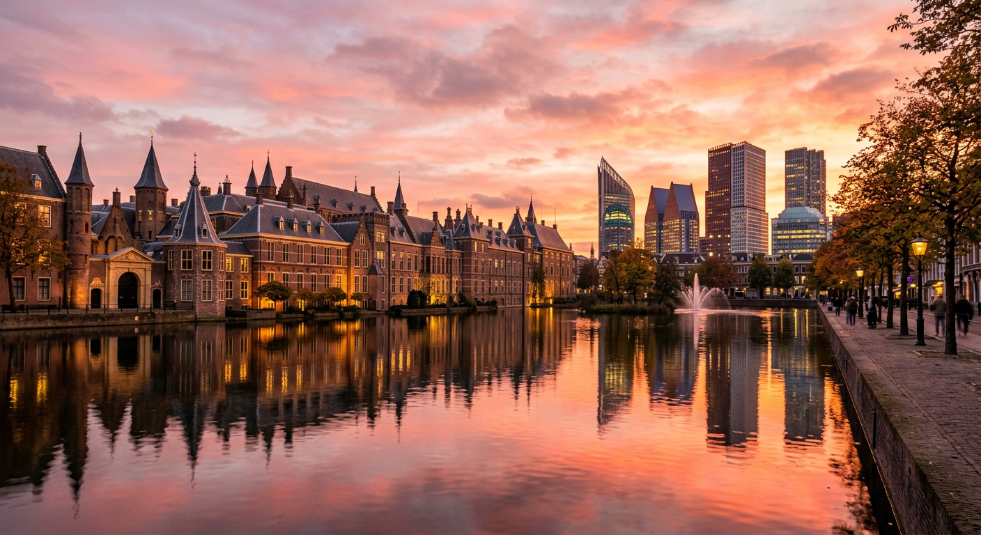 Skyline van Den Haag bij zonsondergang met het Binnenhof